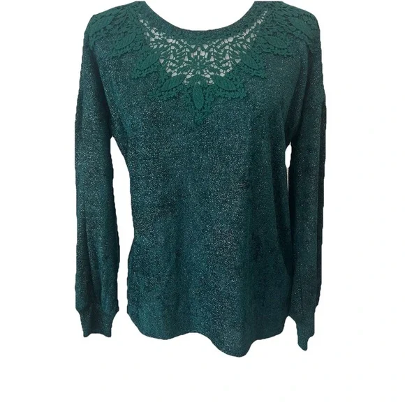 Maurices Women's Green Metallic Crochet trim Long sleeve Top Medium NWOT - Picture 1 of 9